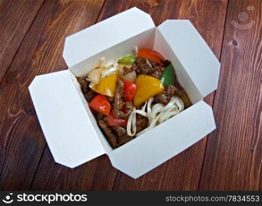 Beef slice and udon-noodle.chinese cuisine in take-out box