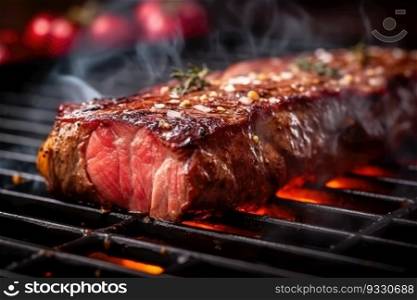 Beef steak on the grill with smoke and flames. Generative AI