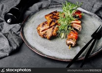 Beef steak with mushrooms on plate
