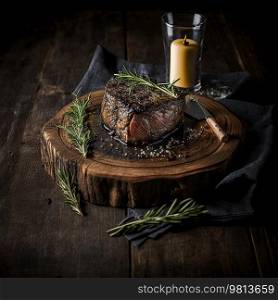 Beef steak with rosemary sprigs on a wooden board. black table. Illustration Generative AI