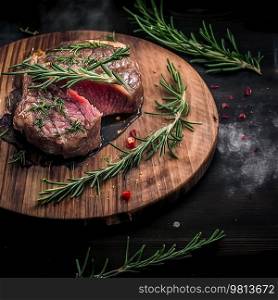 Beef steak with rosemary sprigs on a wooden board. black table. Illustration Generative AI