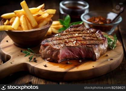 Beef steaks, grilled roast with fries on rustic plate. Generative AI