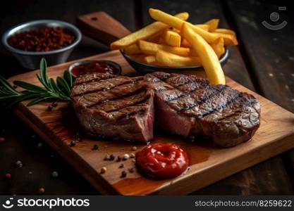 Beef steaks, grilled roast with fries on rustic plate. Generative AI