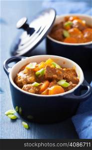 beef stew with potato and carrot in blue pot