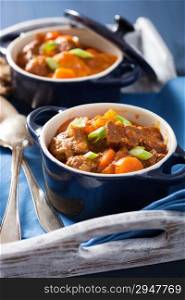 beef stew with potato and carrot in blue pots