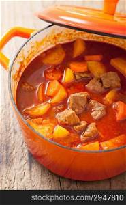 beef stew with potato and carrot in red casserole