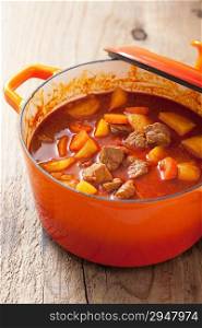 beef stew with potato and carrot in red casserole