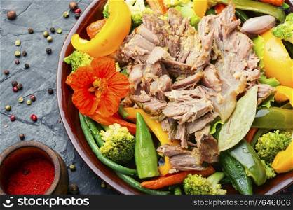 Beef stew with seasonal vegetables.Beef meat baked with vegetables. Beef stew with vegetables