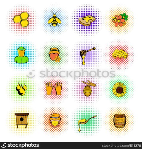 Beekeeping icons set in comics style on a white background. Beekeeping icons set, comics style