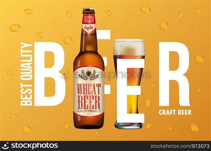 Beer advertisement design. Poster template for classic white beer ad package design. Vector glass bottle and cup with beer, 3d illustration