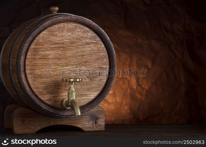 Beer barrel on wooden table still-life with copy space