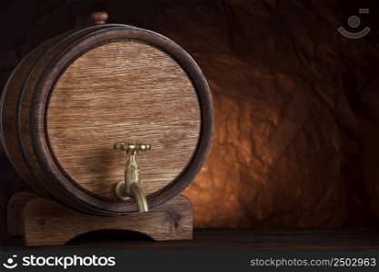 Beer barrel on wooden table still-life with copy space