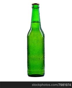 Beer bottle green with drops isolation