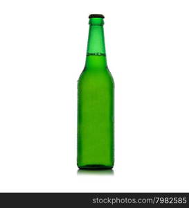 Beer bottle green with drops isolation