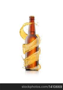 Beer bottle with water drops and creative spiral splash around brown bottle on a white background with copy space. Refreshing alcohol drinks.. Spiral beer&rsquo;s splash around brown bottle on a white background.