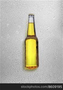 Beer bottle with water drops on water drops background