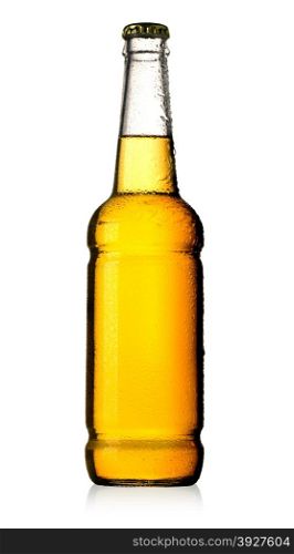 Beer bottle with waterdrops isolated on white background