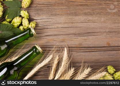 beer bottles frame wheat with copy space