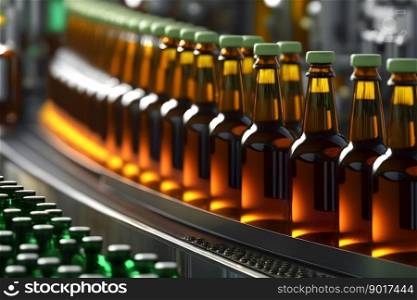 Beer bottles on the conveyor belt. Beverage manufacturing brevery. Neural network AI generated art. Beer bottles on the conveyor belt. Beverage manufacturing brevery. Neural network generated art