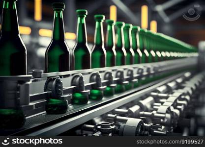 Beer bottles on the conveyor belt. Beverage manufacturing brevery. Neural network AI generated art. Beer bottles on the conveyor belt. Beverage manufacturing brevery. Neural network generated art