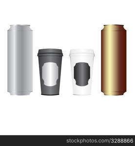 Beer cans and coffee cups against white background