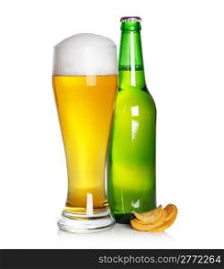beer glass and bottle with chips
