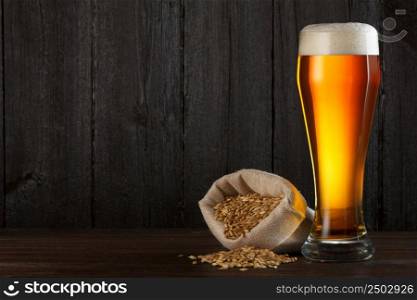 Beer glass with bag full of beer barley for brewing, on wooden table with copy space