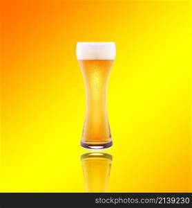 Beer glass with froth over yellow background. Beer glass