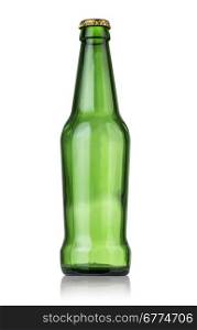 beer in a green bottle isolated on a white background with clipping path