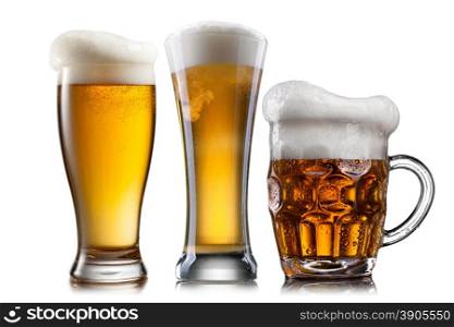 Beer in different glasses isolated on white background