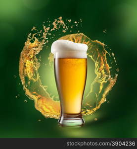 Beer in glass with splash on green natural background