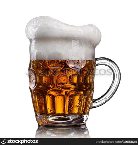Beer in glass with water drops isolated on white
