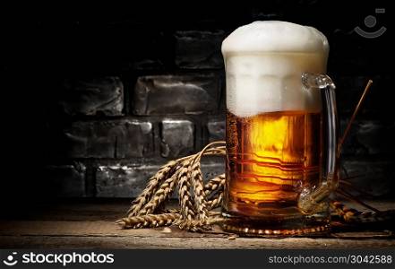 Beer in mug and wheet on wooden table and black background. Beer and wheat
