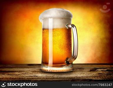 Beer in mug on wooden table and yellow background