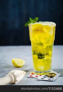 Beer lemonade with mint and slice of lemon in Highball glass