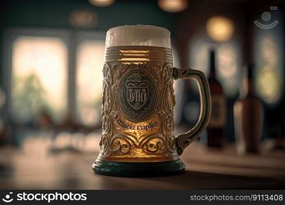 Beer mug on a table, close up. Oktoberfest, Munich. German beer festival created by generative AI  