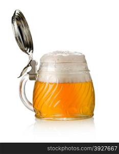 beer mug with open metal cap in white back