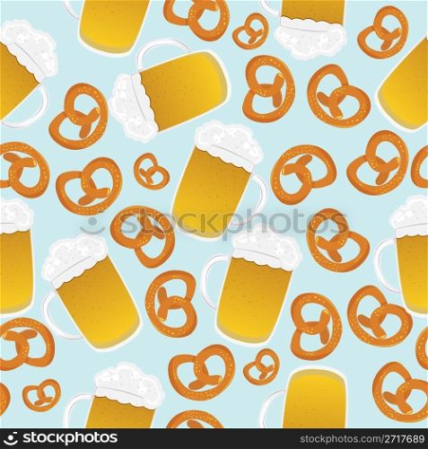 Beer mugs and pretzels design, seamless pattern suitable for Oktoberfest celebration. No mesh.