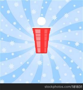 Beer Pong Tournament. Red Plastic Cup and White Tennis Ball on Blue Starry Background. Fun Game for Party. Traditional Drinking Time.. Beer Pong Tournament. Red Plastic Cup and White Tennis Ball. Fun Game for Party. Traditional Drinking Time.