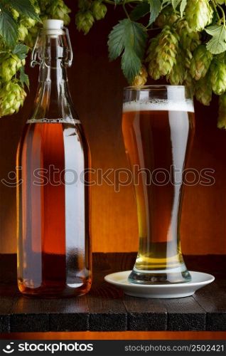 Beer with hop on wooden table still life