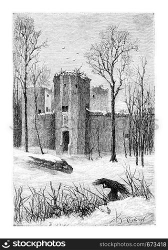 Beersel Castle Ruins in Beersel, Belgium, drawing by Verdyen, vintage illustration. Le Tour du Monde, Travel Journal, 1881
