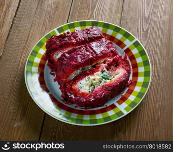 beet roulade with vegetables and feta cheese.