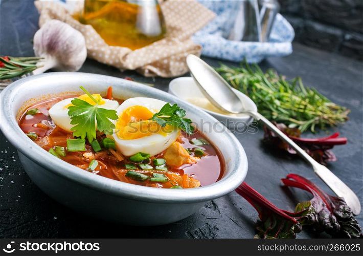 beet soup with boiled eggs, beet soup in bowl
