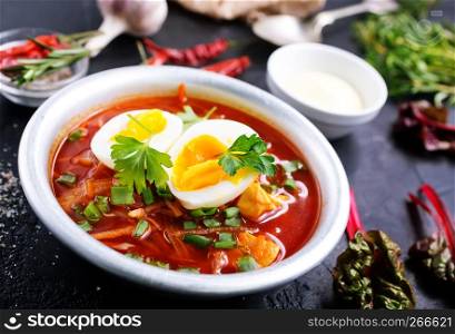 beet soup with boiled eggs, beet soup in bowl