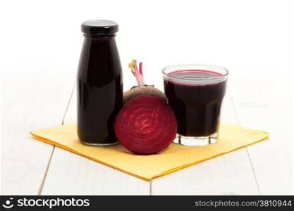 Beetroot juice for healthy drink on white wood