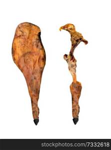 Before and After a Iberian Ham Leg has been eated Isolated on a white background