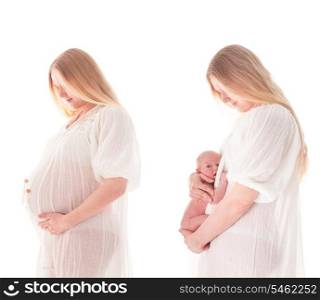 Before and after: pregnant woman and mother with newborn baby on white