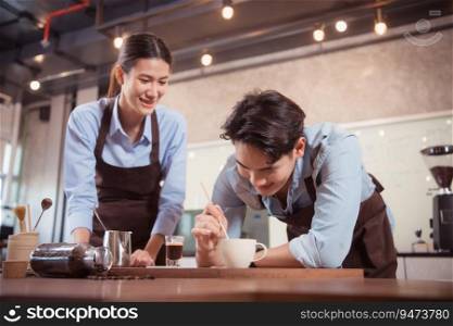 Before competing in the ch&ionship level coffee brewing competition, both of the baristas practice their coffee latte makeup techniques to become proficient.