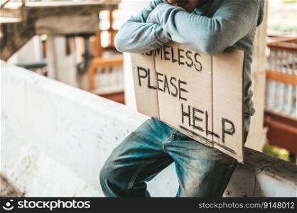 Beggars sit on barriers with homeless Please help messages.