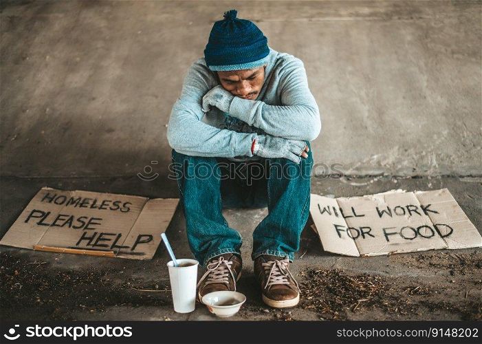 Beggars sitting under a bridge with cups have money.